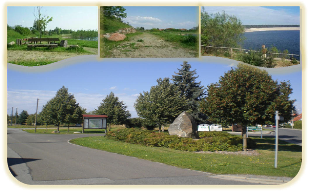 Der Drochower Dorfplatz mit Busshaltestelle, Ortsinformation und Zugang zum Drochower See. Blick vom Aussichtspunkt zum Rund- u. Wanderweg, bzw. zum Badestrand auf der Westseite des "Drochower Sees"